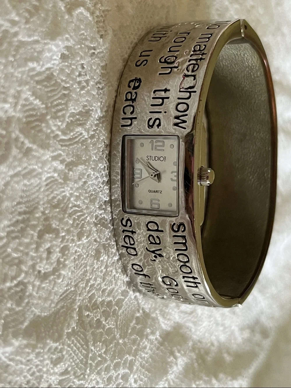 Studio Silver-tone Text-Engraved Cuff Watch